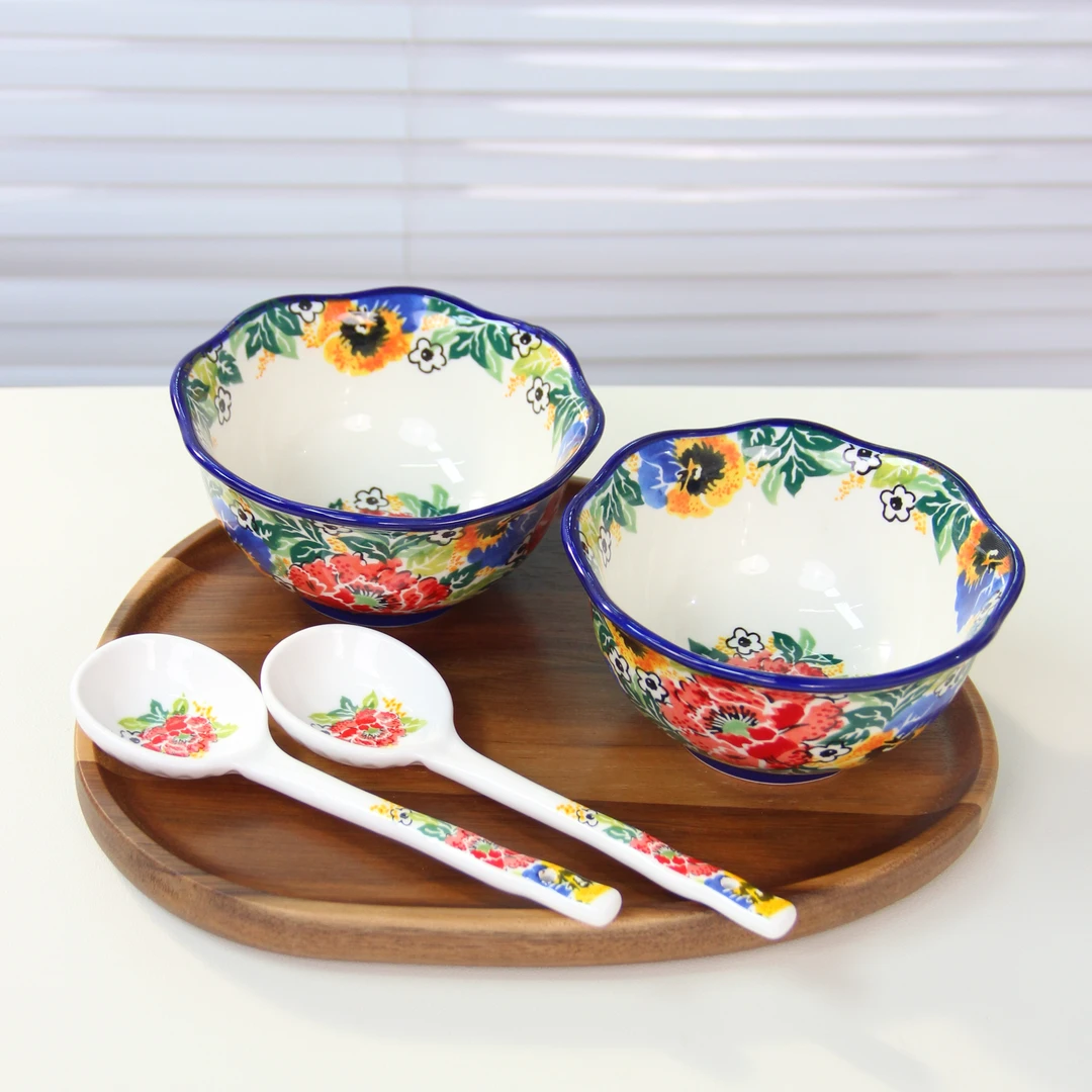 紫薇花-5英寸高脚花边米饭碗（两只+两勺）