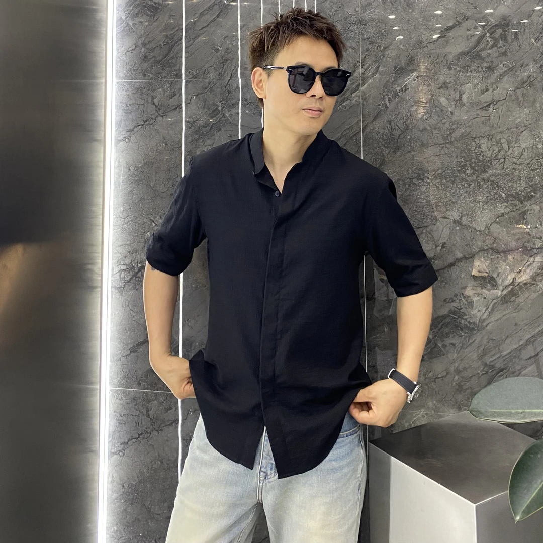 夏季轻薄透气立领暗扣修身五分袖中袖衬衣雅痞痞帅高级感短袖衬衫