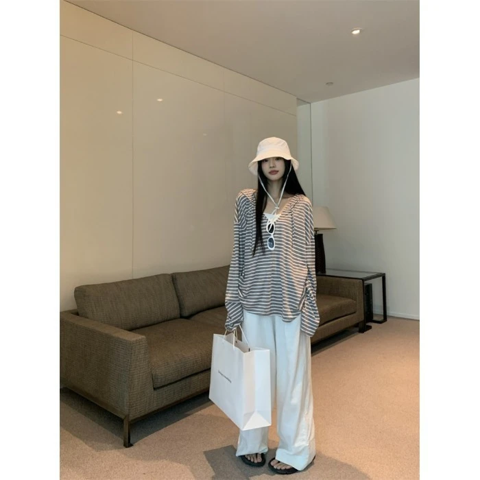 松弛慵懒风套装女条纹连帽长袖T恤女早秋季宽松垂感阔腿裤两件套