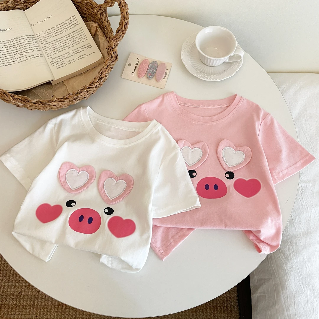 （现货）2025韩版纯棉女童上衣卡通爱心小猪短袖T恤贴布百搭洋气