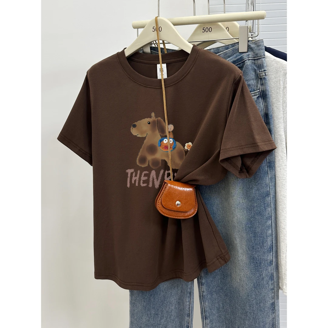 洋气小狗印花正肩短袖T恤女夏季大码胖mm遮肉休闲圆领半袖上衣潮