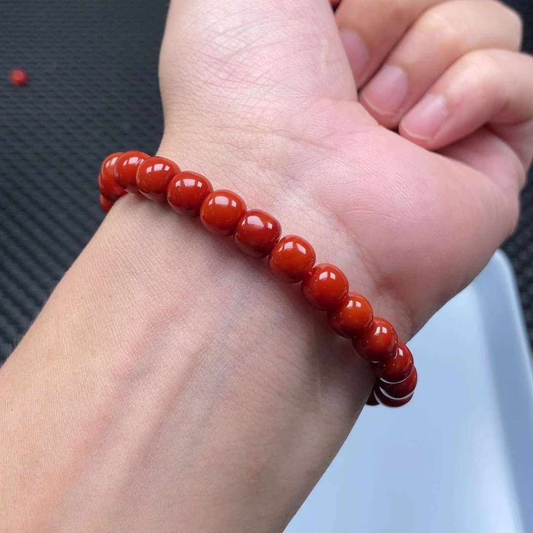 南红玛瑙7mm柿子红老型手链整串26颗未镶嵌