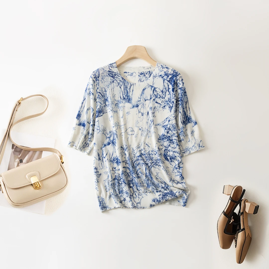 【水墨印花】数兰朵春夏桑蚕丝+天丝印花中袖 透气清凉圆领针织T恤