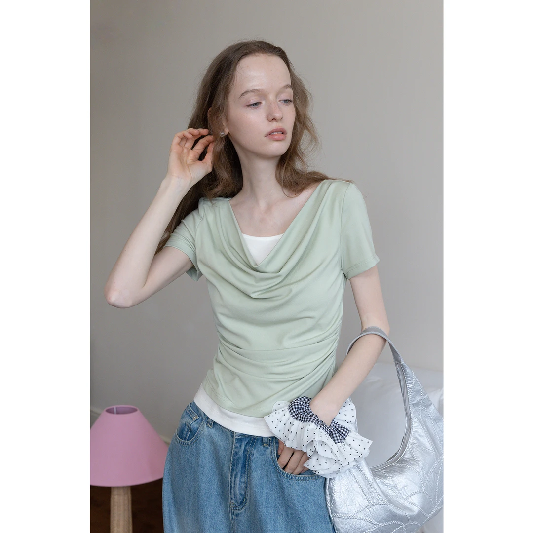 EGGKA【现现】荡领假两件T恤女夏修身显瘦收腰气质上衣 E25A3620YM