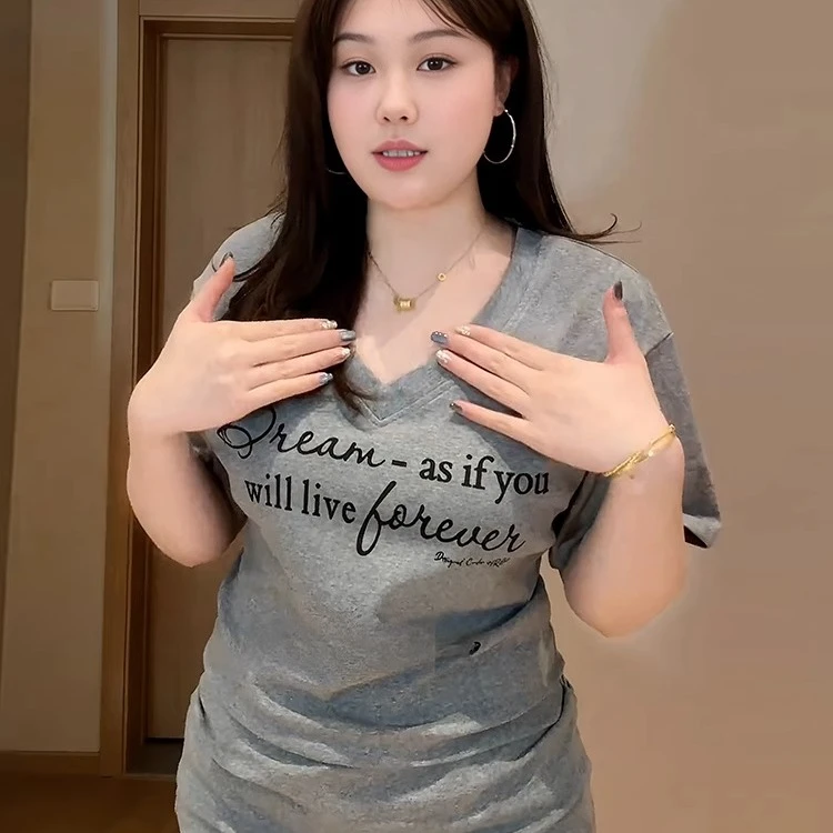 【清清】大码美式辣妹正肩短袖T恤女夏季上衣胖MM设计感体恤-6930