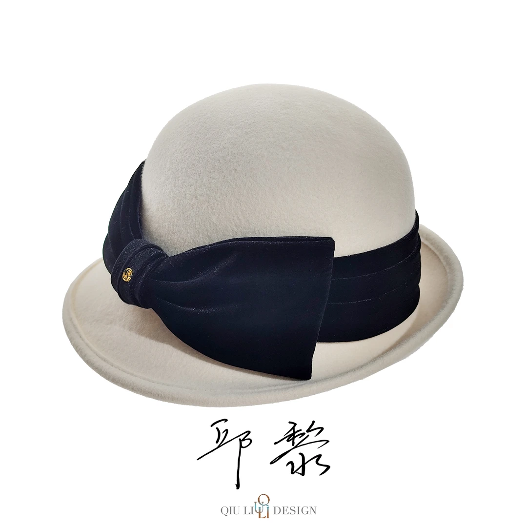 1d2023  QIU LI · 秋冬新款蝴蝶结卷边盆帽羊毛帽.