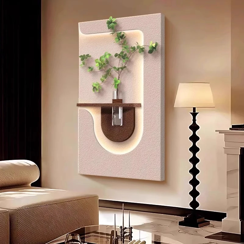 侘寂奶油风水培绿植装饰新款入户玄关挂画发光走廊玄关装饰画壁画