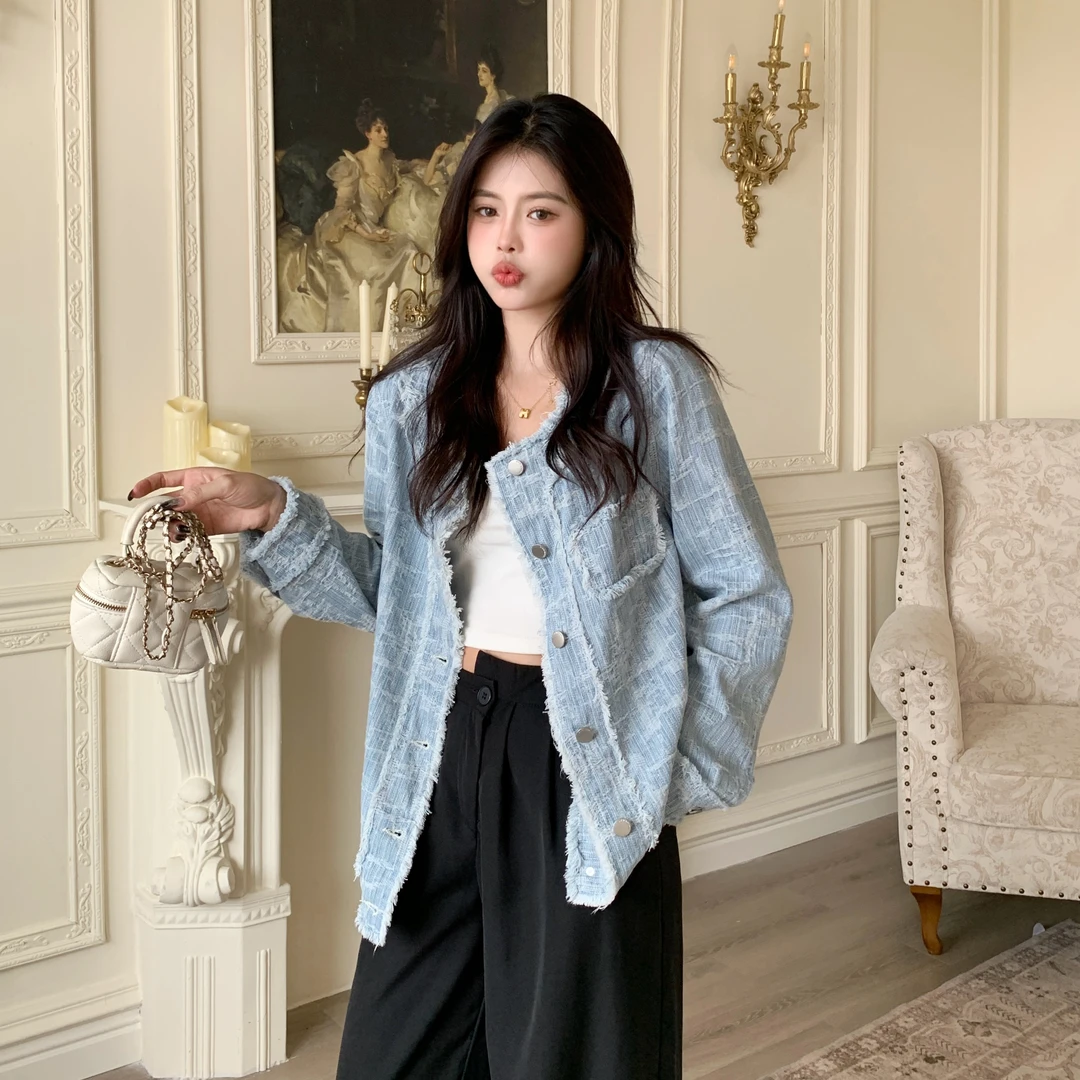 大码女装百搭显瘦上衣衬衫2025春季新款胖mm小香风宽松牛仔外套