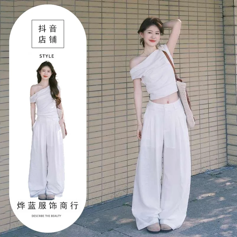 白色斜肩短袖T恤女夏季2025新款小个子漂亮绝美超好看露肩小上衣