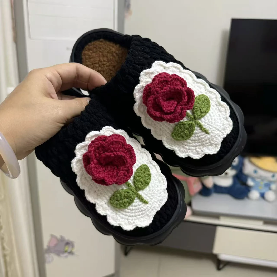 （成品鞋）纯手工编织玫瑰花新款居家女款棉拖鞋（7天内发货）