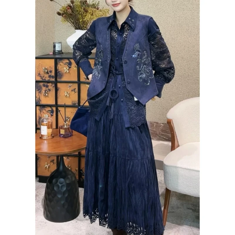 2025春季新款女装棕色蕾丝拼接长袖衬衫宽松版型春秋款