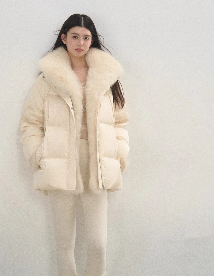 狐狸毛拼接羽绒服女2025年冬季新款韩系加厚宽松白鹅绒外套加厚