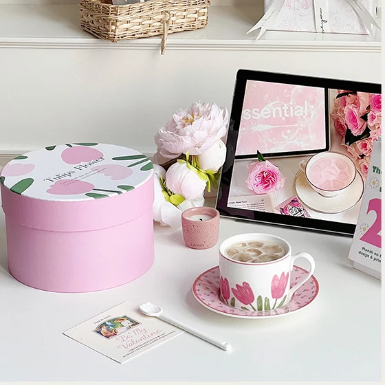 法式粉色郁金香陶瓷咖啡杯碟水杯法式下午茶高级感杯子乔迁伴手礼