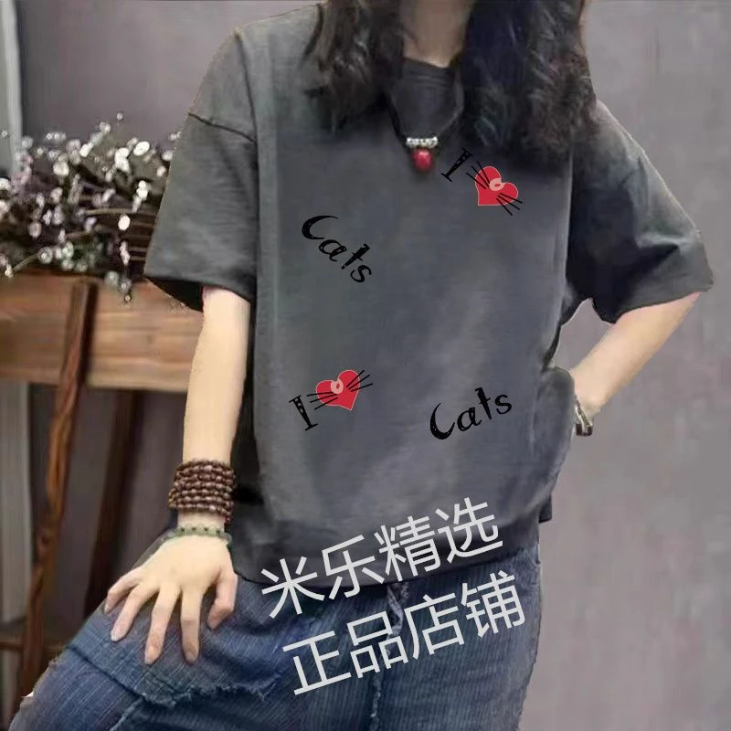 100%纯棉女短袖T恤2025夏季大码宽松女士胖mm显瘦印花高档上衣ins