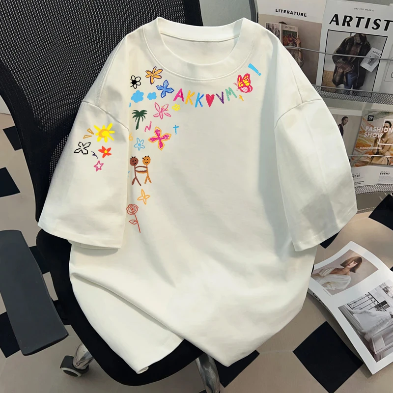 美式潮牌创意卡通图案印花短袖t恤女款2025夏季新款纯棉圆领上衣