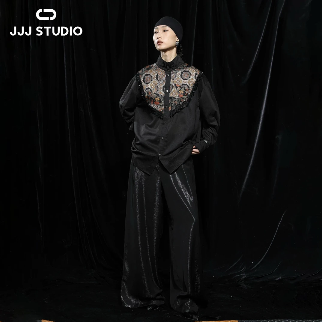 JJJ STUDIO花色宽松新中式衬衫女拼接流苏云肩立领优雅JDWWA2C327