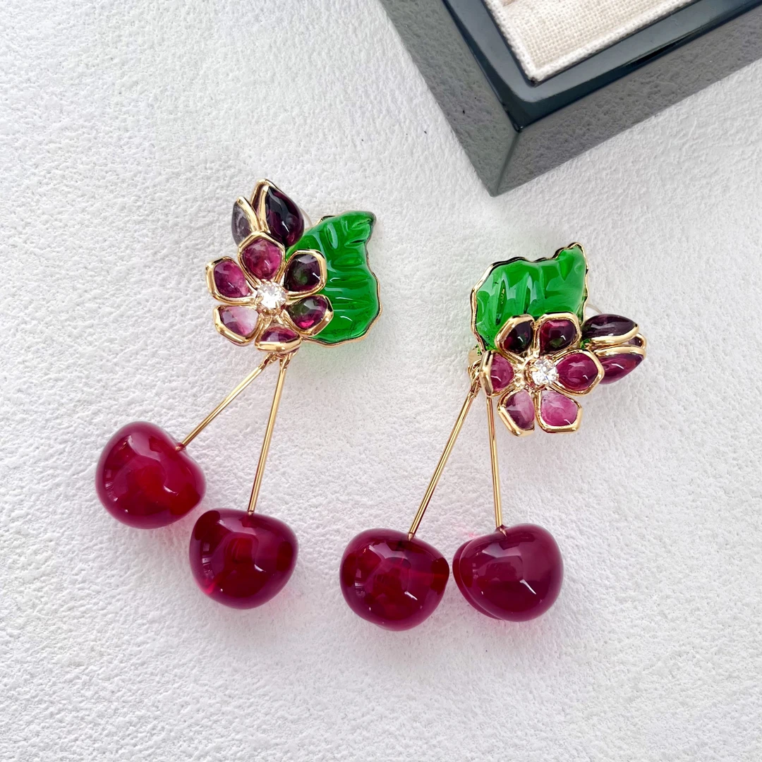 铜合金玻璃耳饰 「Lily中古」G红色耳夹
