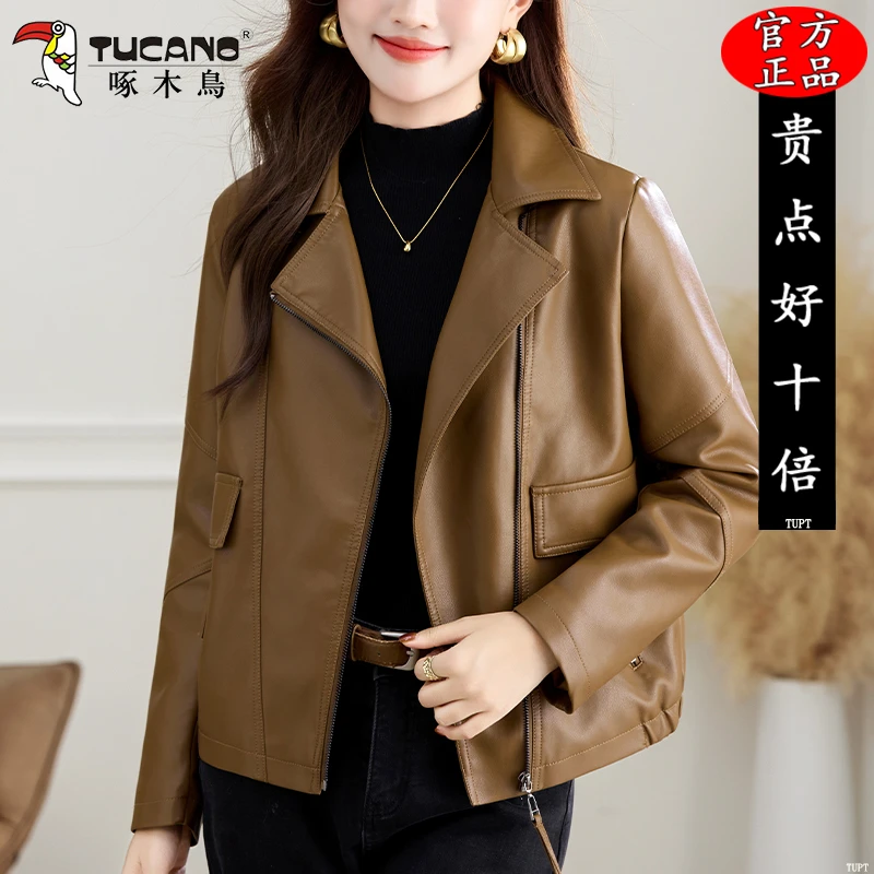 啄木鳥PU皮衣女秋冬2025新款修身显瘦时尚机车皮夹克加绒加厚外套