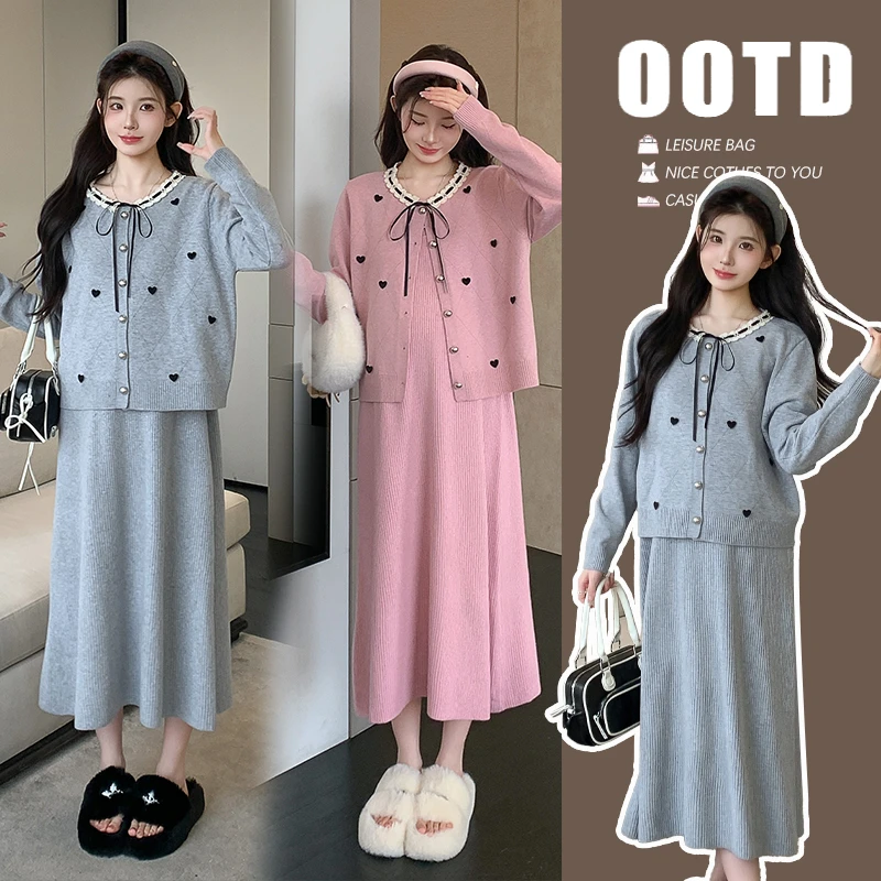 孕妇连衣裙秋季新款宽松时尚减龄开衫搭配吊带裙套装孕妈春秋穿搭