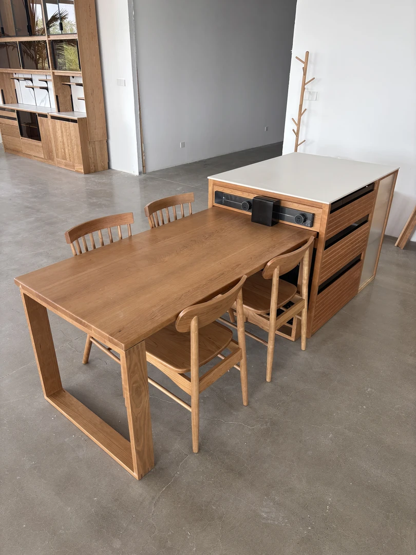 【哈尔岛台】樱桃木实木岛台餐桌一体可伸缩小户型吧台储物餐边柜