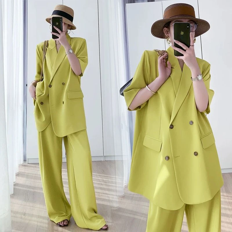 大码胖mm短袖西装中袖外套女2025夏季时尚透气垂感上衣阔腿裤套装