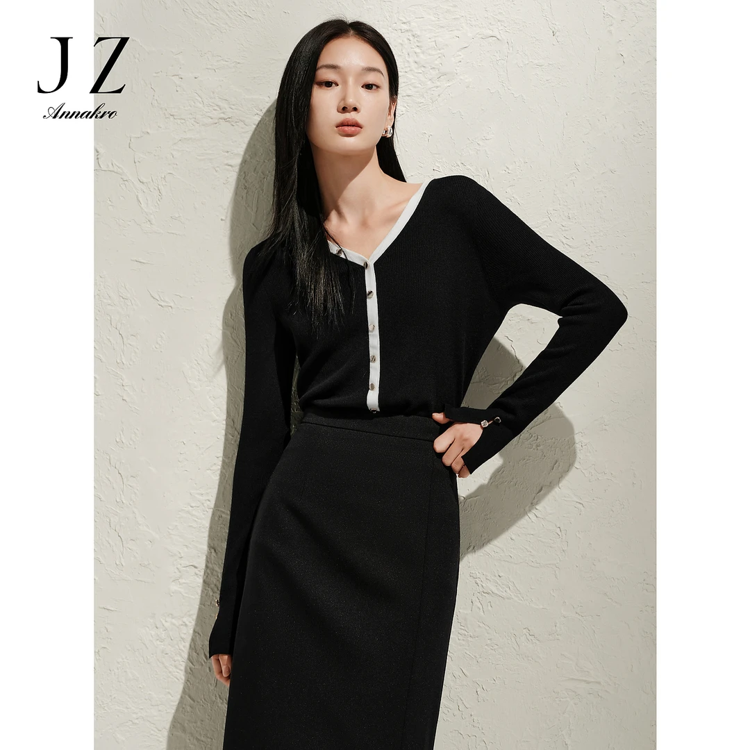 【丽公主专属】玖姿安娜蔻KWFC31007高智感miu系V领撞色修身叠穿针