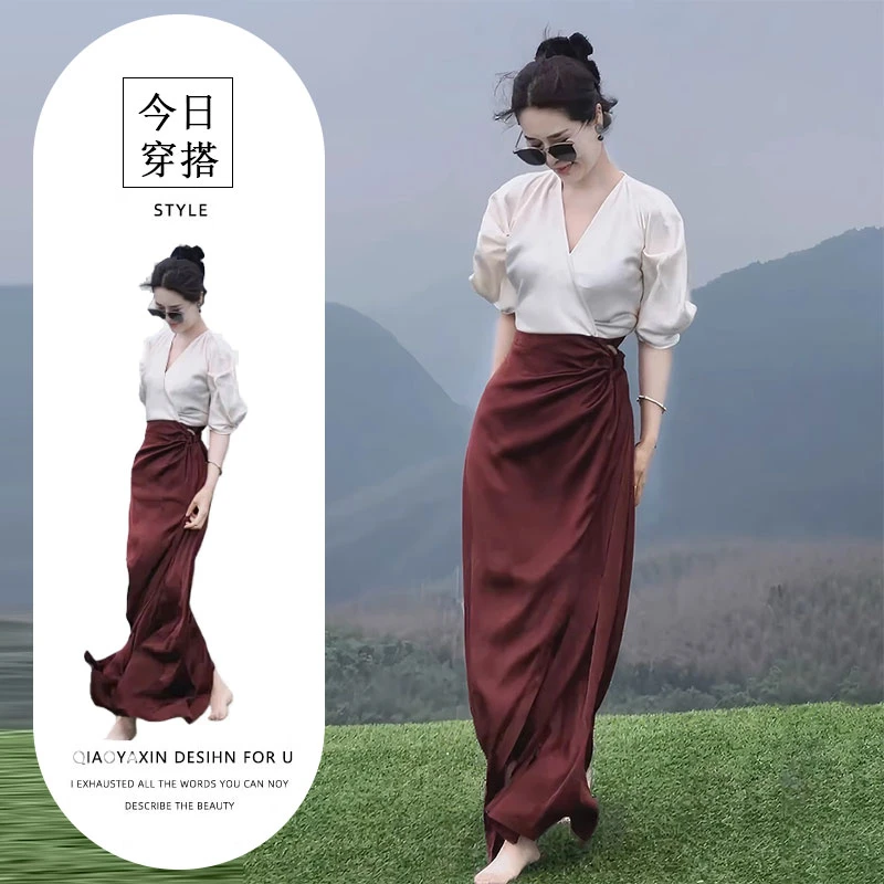 夏日氛围感穿搭一整套女装古韵风V领半袖上衣高腰半身裙子两件套