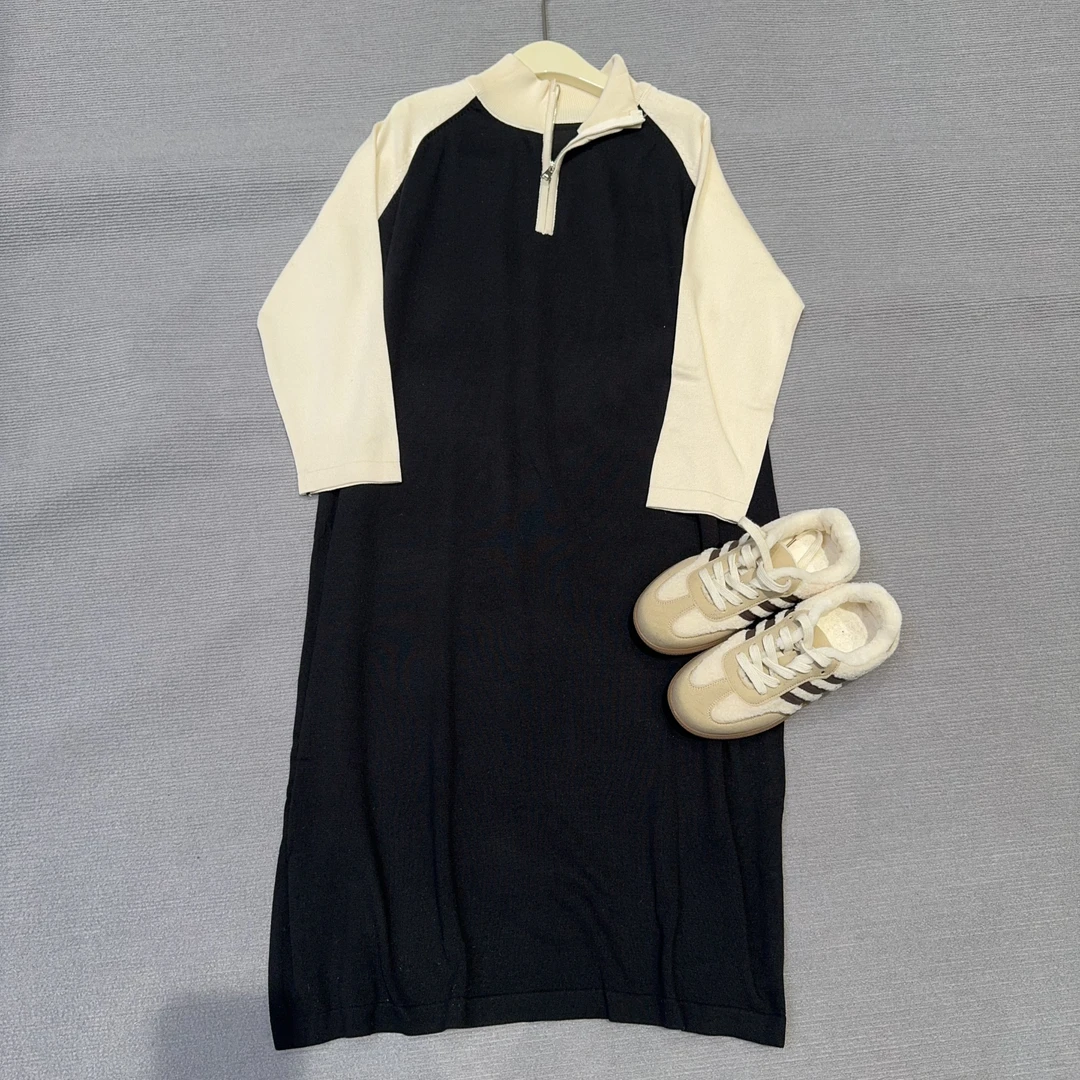 （十八家）插肩袖半高领针织连衣裙