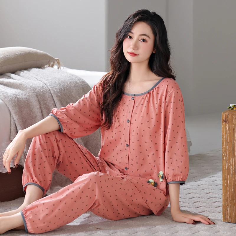 睡衣女夏季纯棉女士网红七分袖长裤套装薄款开衫春秋可外穿家居服