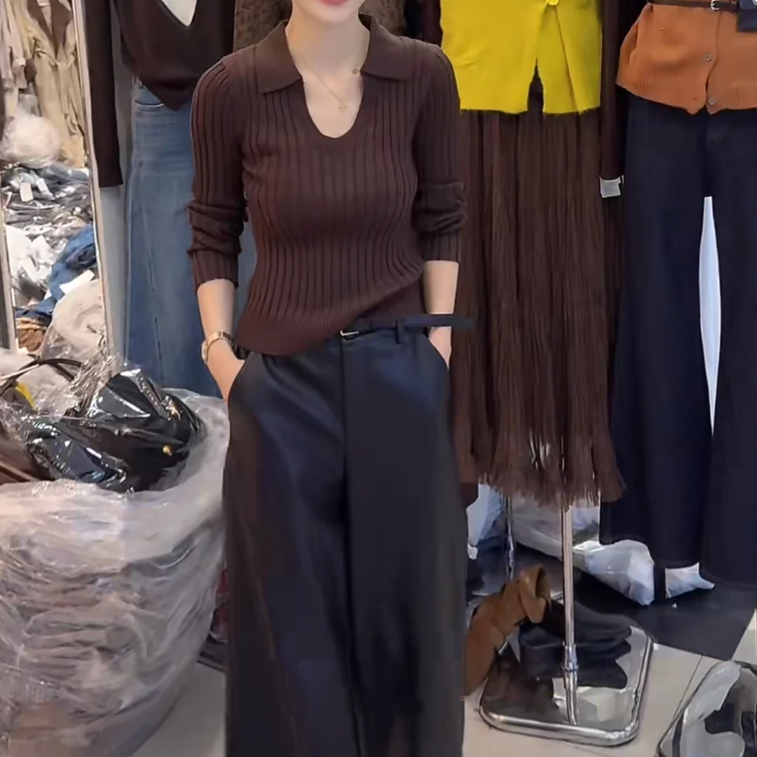 韩系高弹U领针织衫女装毛衣2025秋冬新款高领长袖毛针织衫