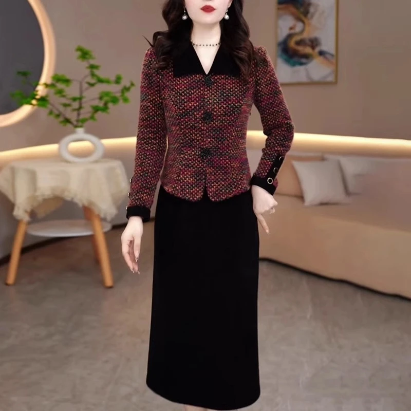 妈妈假两件连衣裙女2025冬季新款时尚拼接显瘦大码女中年打底裙子