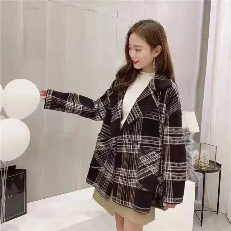 8673#2024新款格子毛呢外套女秋冬西装领中长款加厚上衣