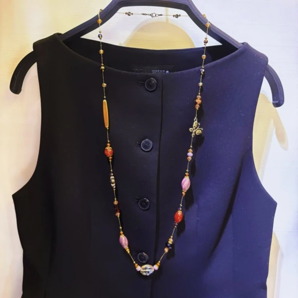 铜合金仿水晶项链 手工串珠长款项链高档优雅毛衣链周长90cm