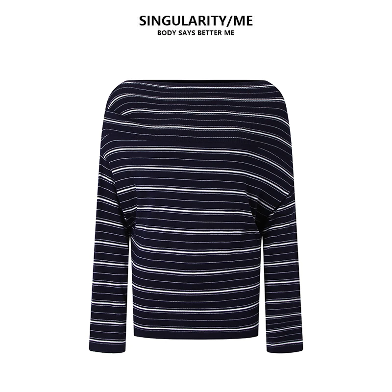 Singularity Me 9A 9019 经典条纹针织秋冬一字肩性感针织衫上衣