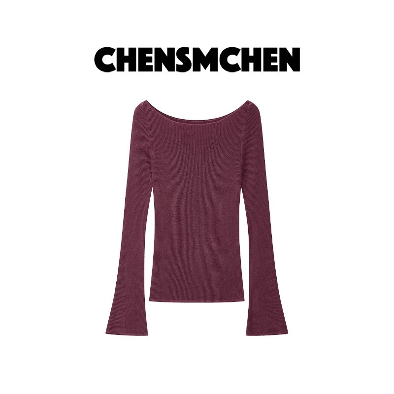 CHENSMCHEN 赤霞珠酒红色弹力羊毛衫女气质百搭打底衫CSZ7034WY