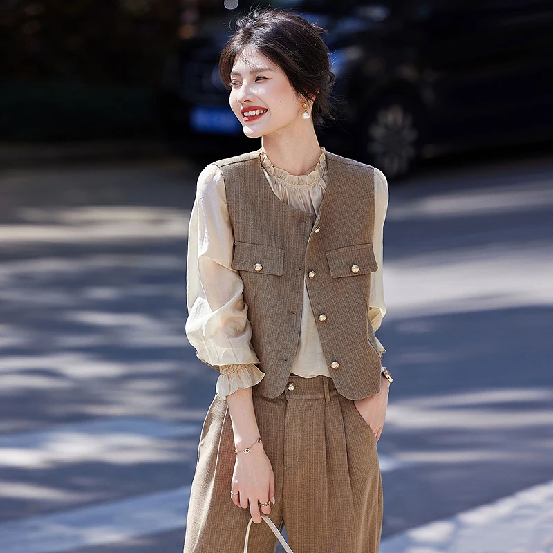 〈纪朵研〉1337春季新品宽松马甲衬衫阔腿裤三件套商务套装