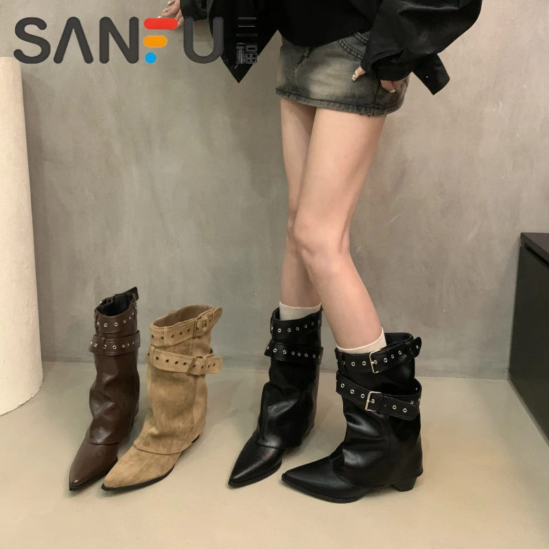 三福美式辣妹皮带扣裤管靴短筒靴女靴早秋新款小众设计短靴西部靴