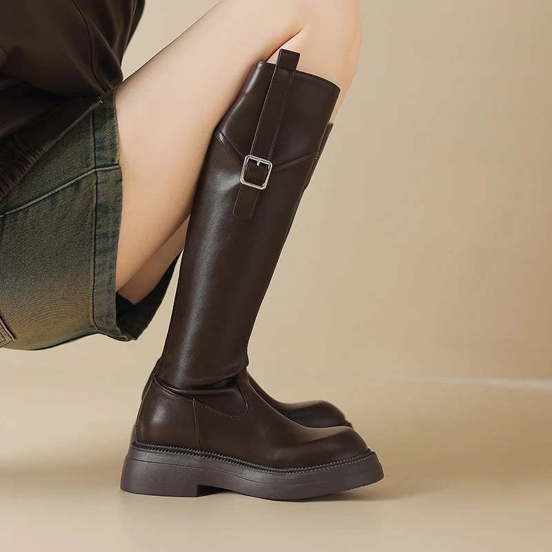 秋冬圆头厚底不过膝长筒皮靴大筒围大码40-43弹力高筒骑士靴