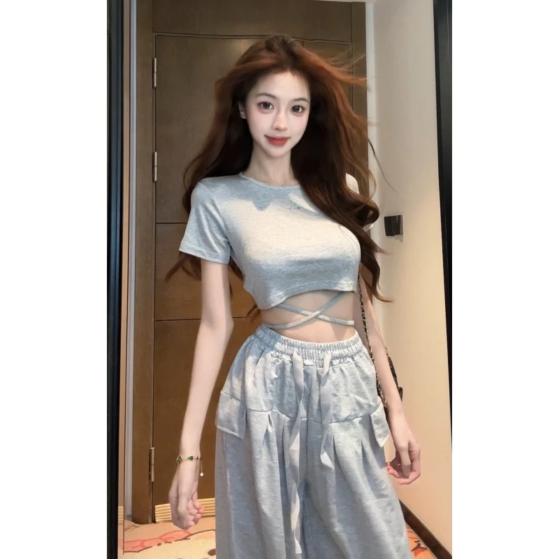 【XIAOBAWANG】辣妹T恤设计感交叉绑带上衣高腰阔腿裤套装T