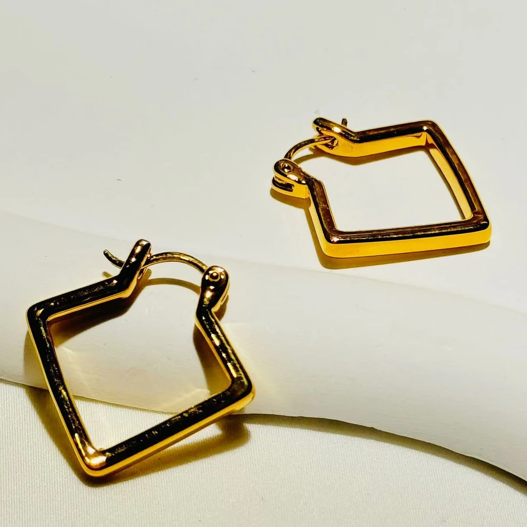 黄金足金999几何方形5D硬金耳扣耳环