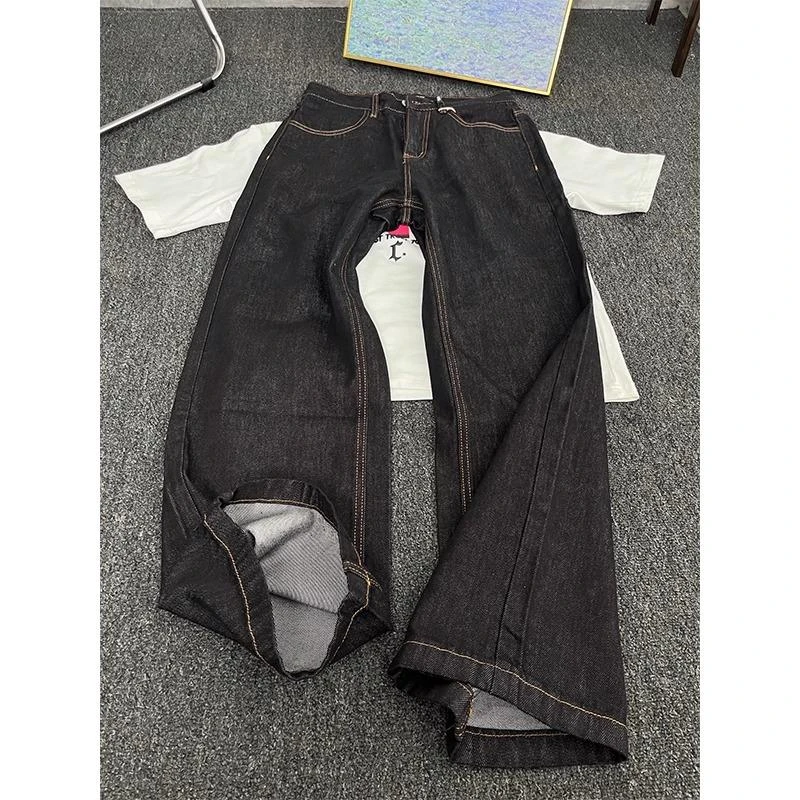 原牛色a字版型牛仔裤男夏季高腰提档阔腿裤美式复古弯刀微喇裤子