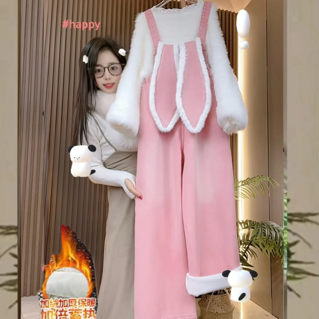 【设计定制款 母女装】加绒加厚粉色兔子耳朵牛仔背带裤亲子装