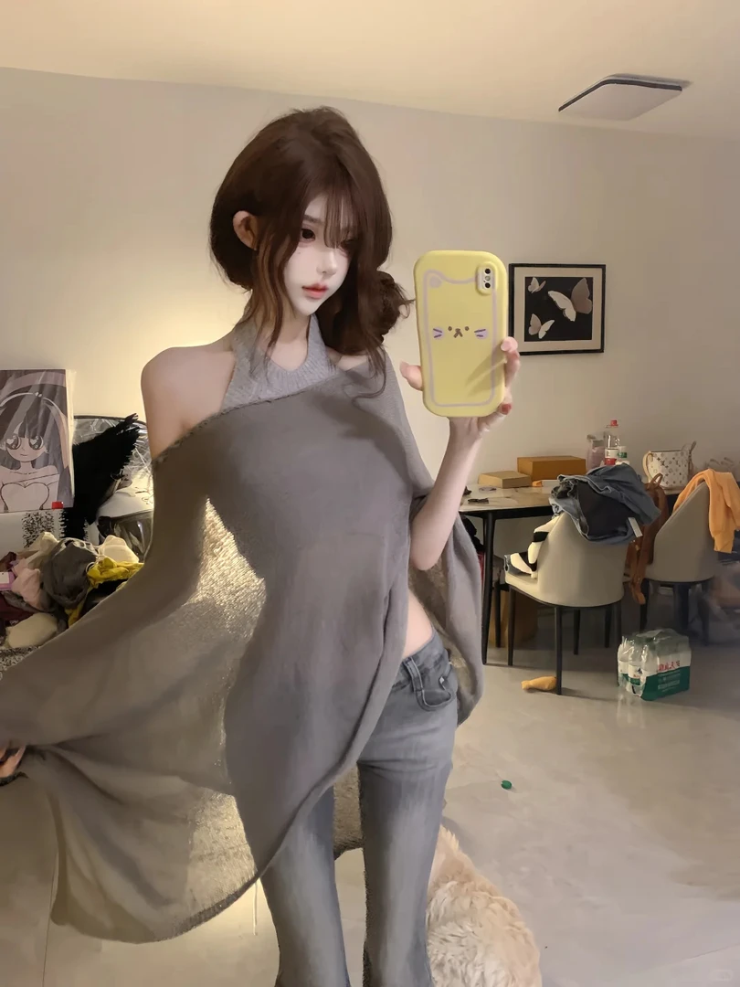 高级感辣妹气质针织罩衫上衣女2055秋季新款高腰显瘦牛仔裤两件套