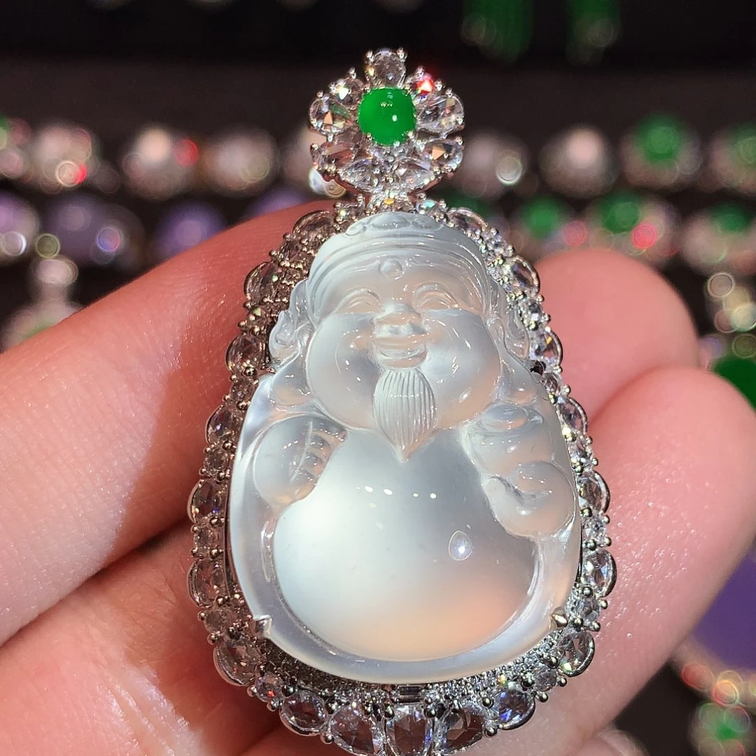 翡翠18K金镶嵌吊坠(赠链)玻璃种起钢财神吊坠