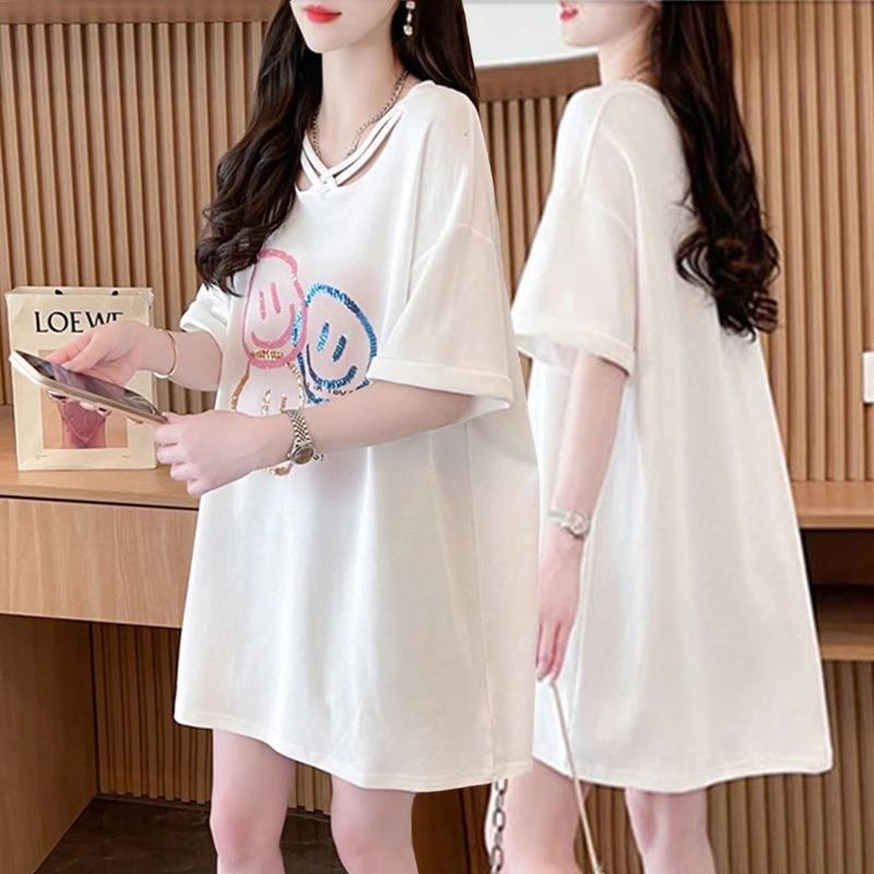 纯棉短袖T恤女2025夏季新款韩版宽松网红洋气大码百搭中长款上衣