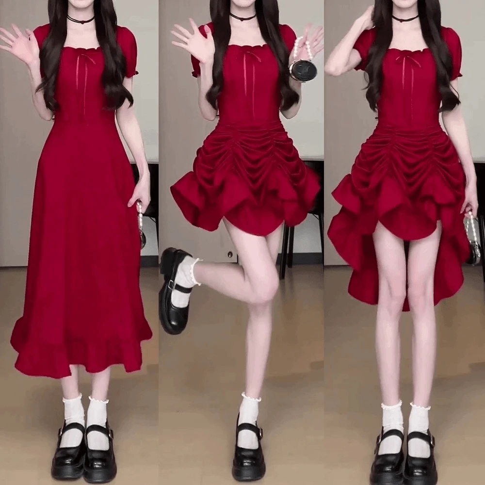 一裙多穿短袖大码连衣裙女收腰显瘦荷叶边薄款长裙夏季性感裙子