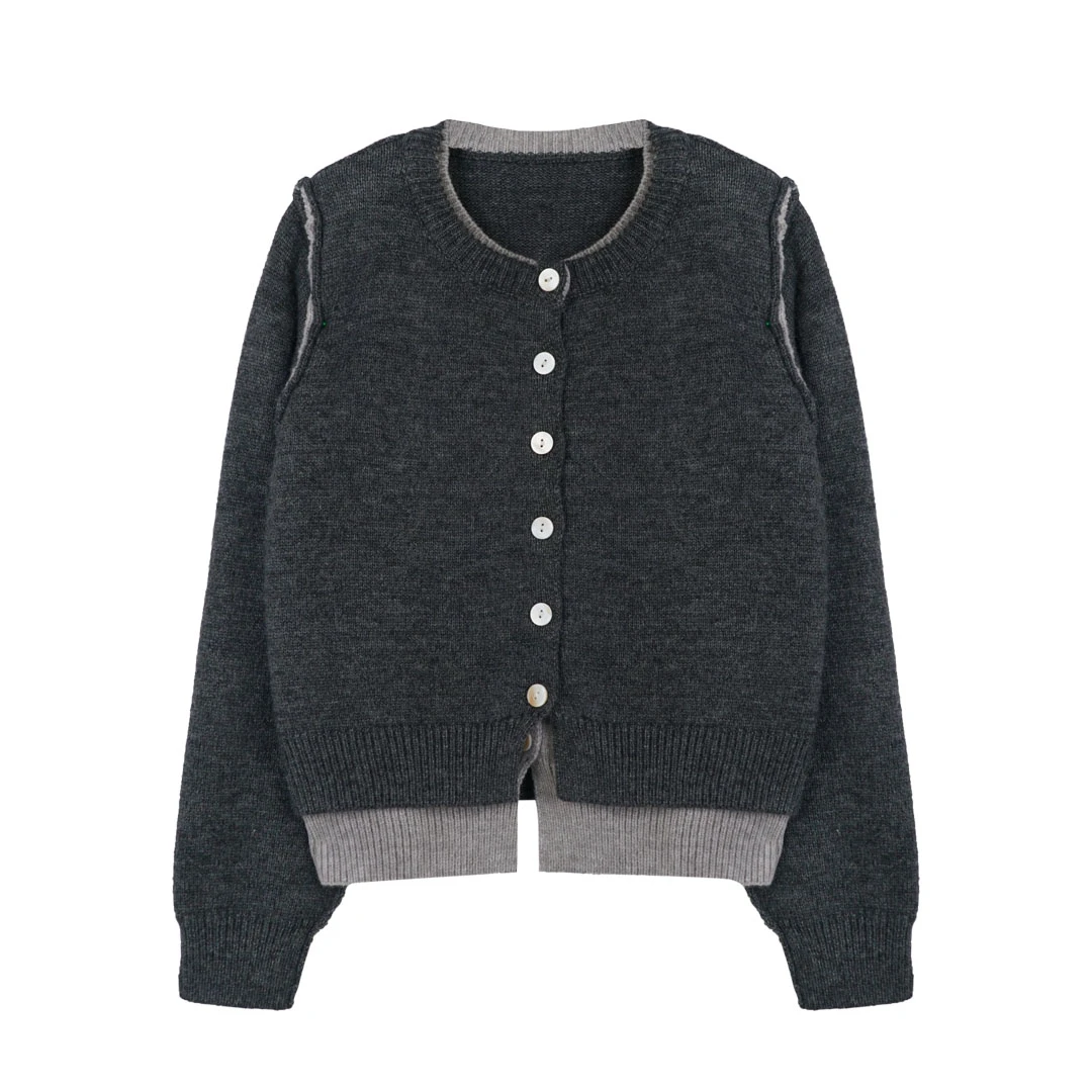 YO定制设计感百搭时髦假两件针织开衫秋冬简约撞色显瘦毛衣外套