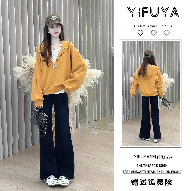 韩系早秋穿搭一整套巨好看的松弛感半拉链连帽卫衣阔腿裤两件套装