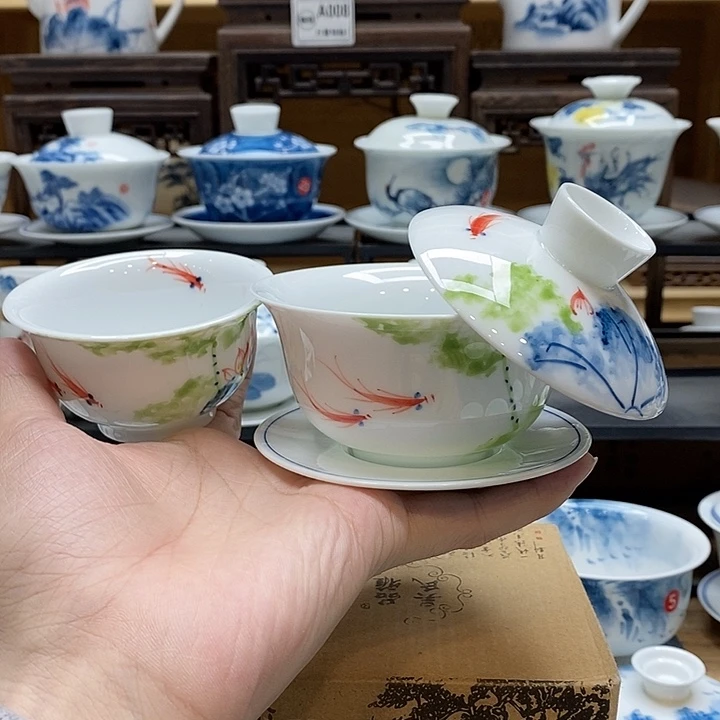 手绘五彩荷花盖碗150cc➕永乐杯85cc釉下彩微瑕福利款