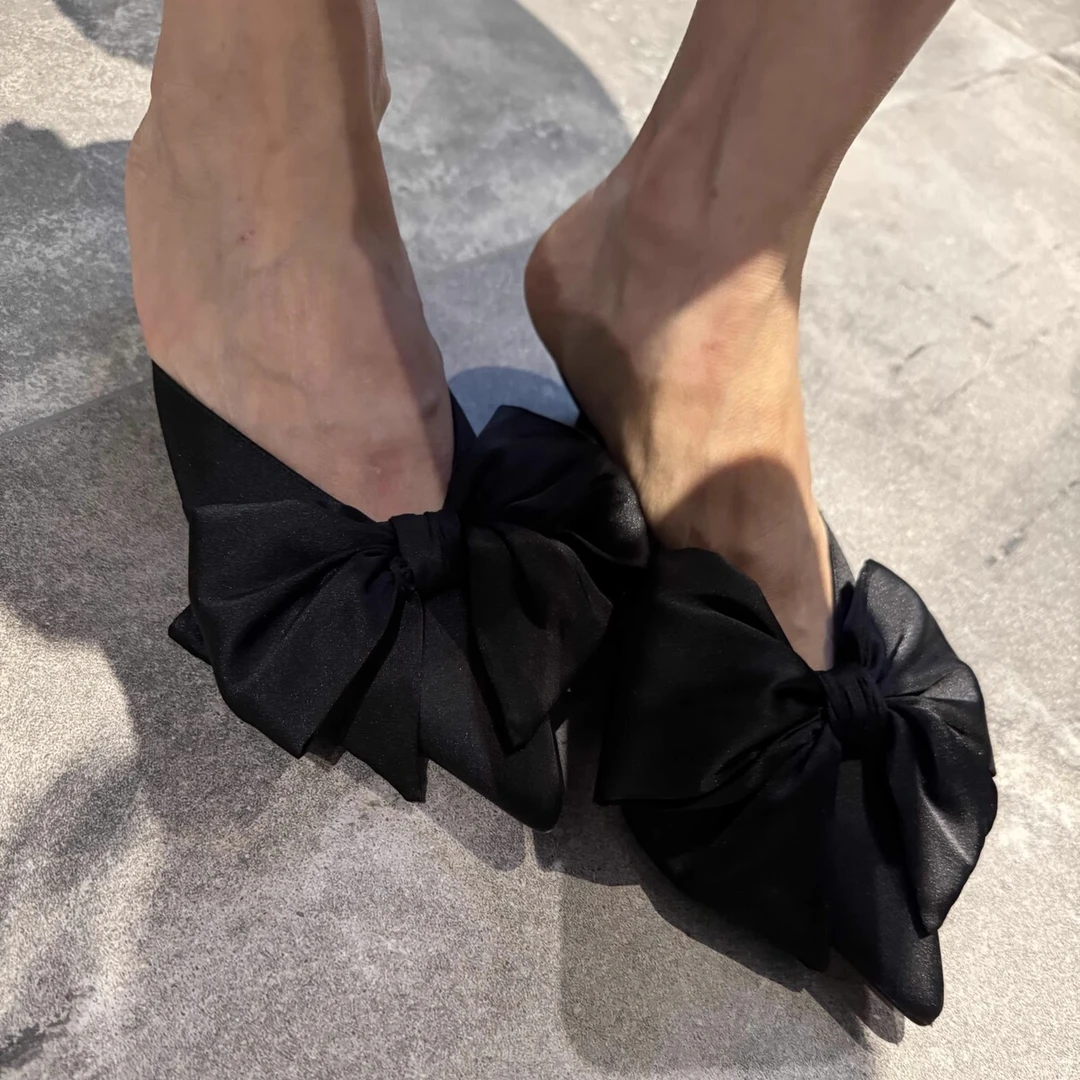 百搭版~法式气质尖头蝴蝶结细跟时尚包头半拖鞋女外穿高跟凉拖鞋